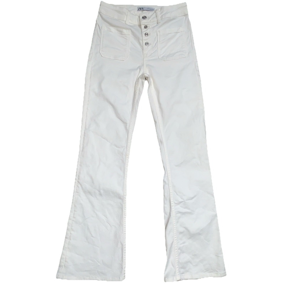 Zara Flare Denim Jeans Womens 4 (36 EUR) White Mid‎ Rise Buttons Casual Retro
